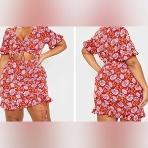 Red Floral Ruched Detail Cut Out Bodycon Dress